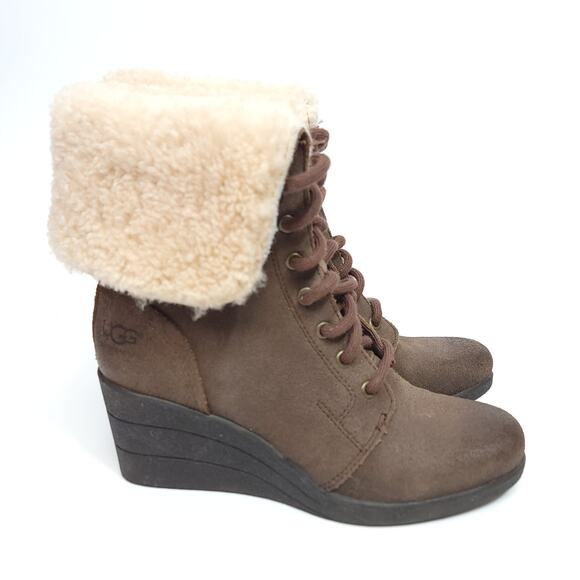 Ugg Zea Boots Wedge Size 5 Womens Boot Brown Fur Lined - Picture 3 of 11